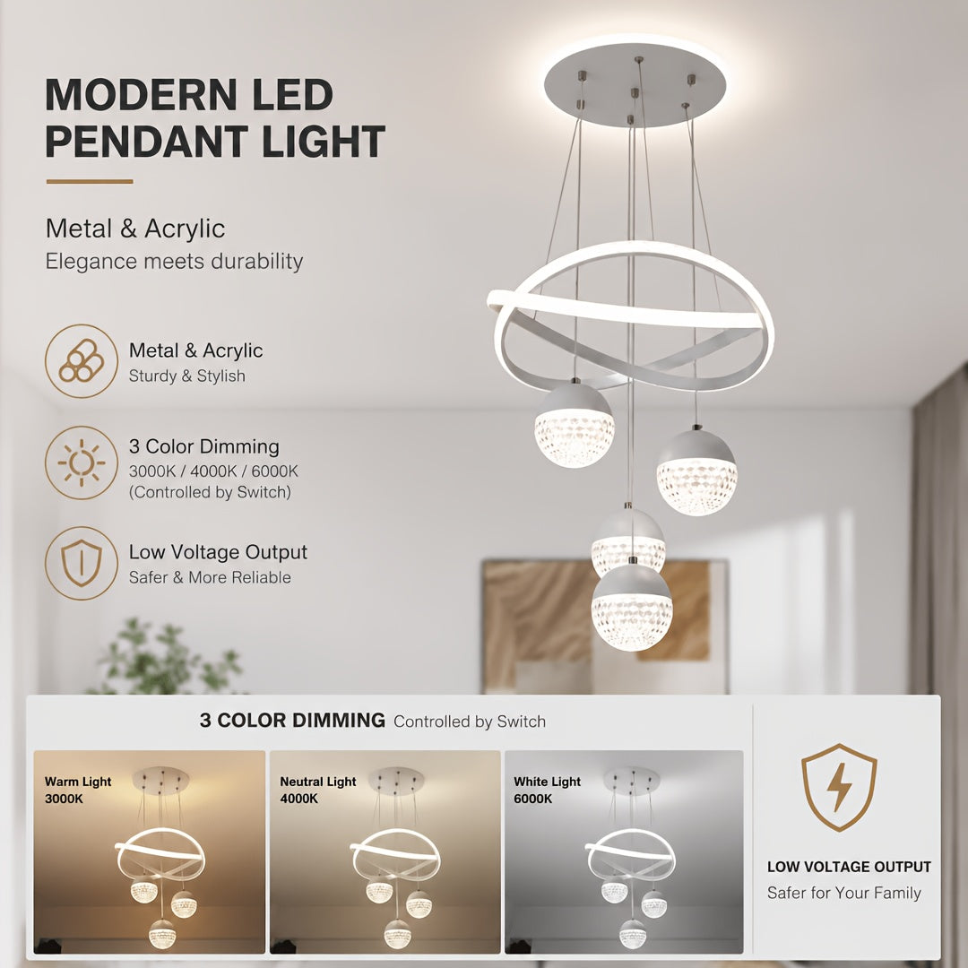 Lustre LED anneaux croisés et trois globes effet cristal, Ø 40 cm