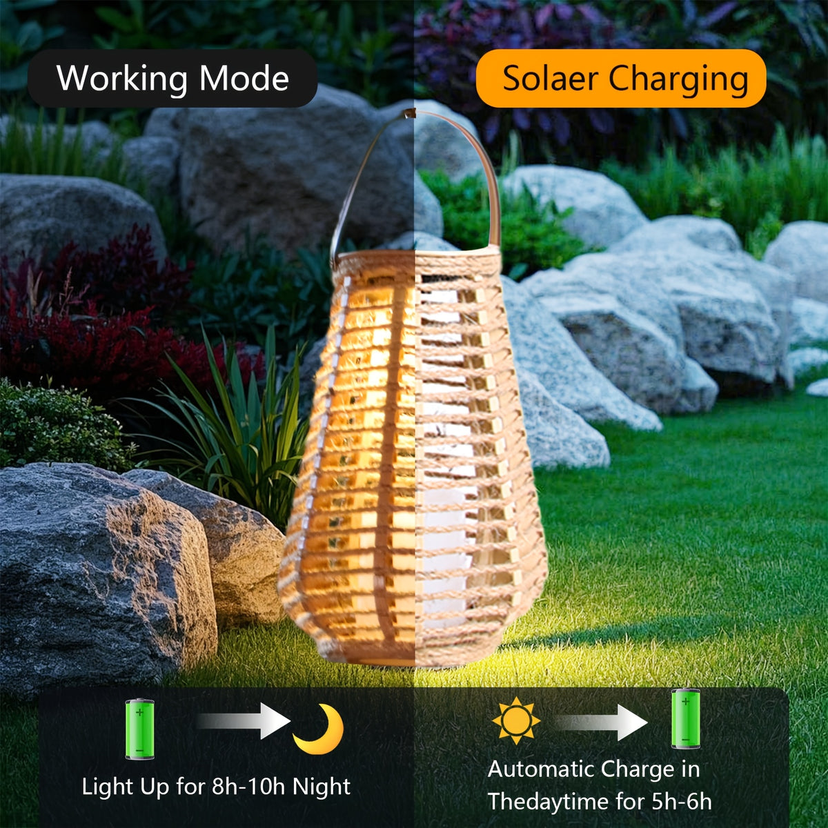 Lanterne solaire en cordelette tressée beige, bougie LED, IP44