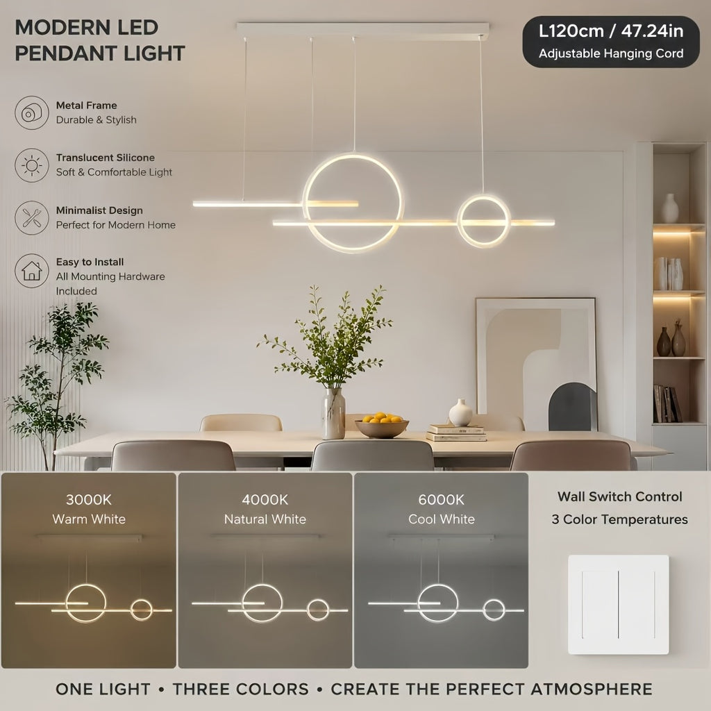 Lustre LED cercles et barres sur 120 cm, en blanc, noir ou doré
