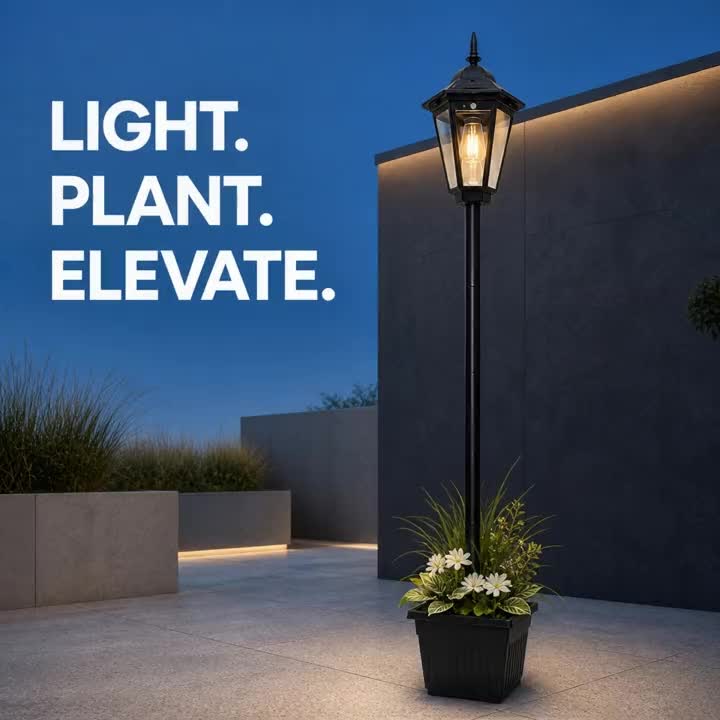 Lampadaire à filament solaire avec pot à fleurs, poteau de 146 cm