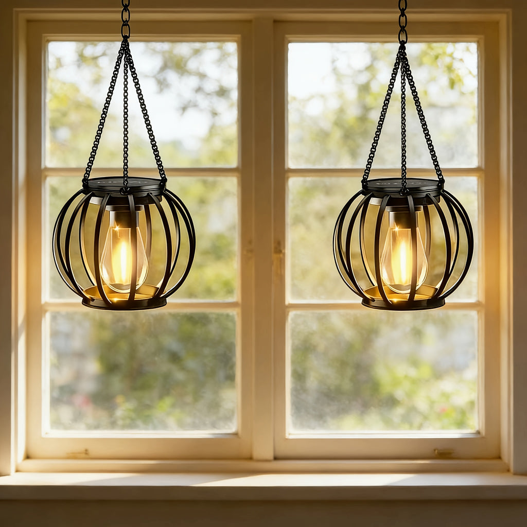 Suspension solaire cage noire à ampoule filament, lot de 2