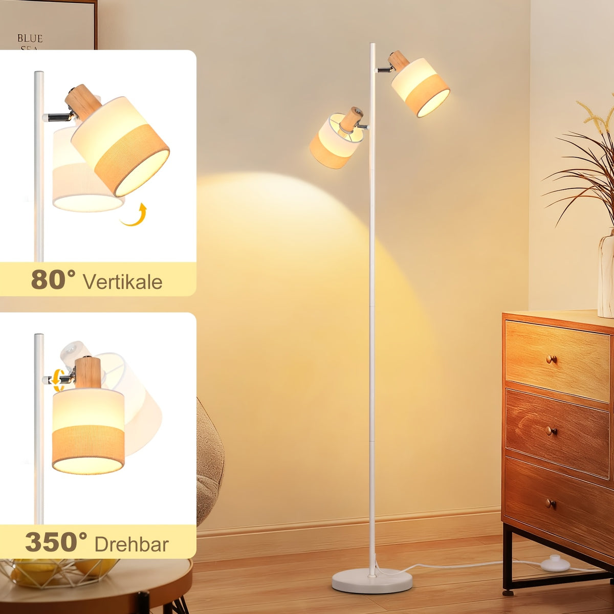 Lampadaire blanc à deux têtes orientables en tissu, douille E14