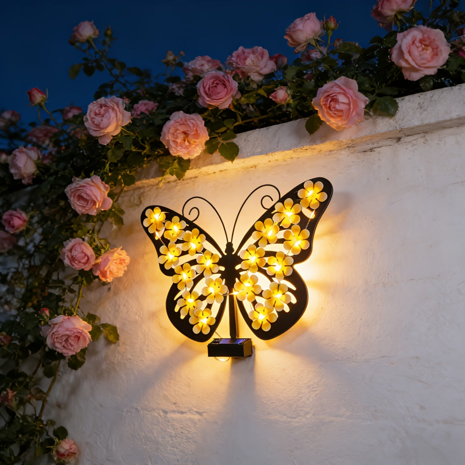 Applique solaire papillon en fer à fleurs jaunes, 35 cm