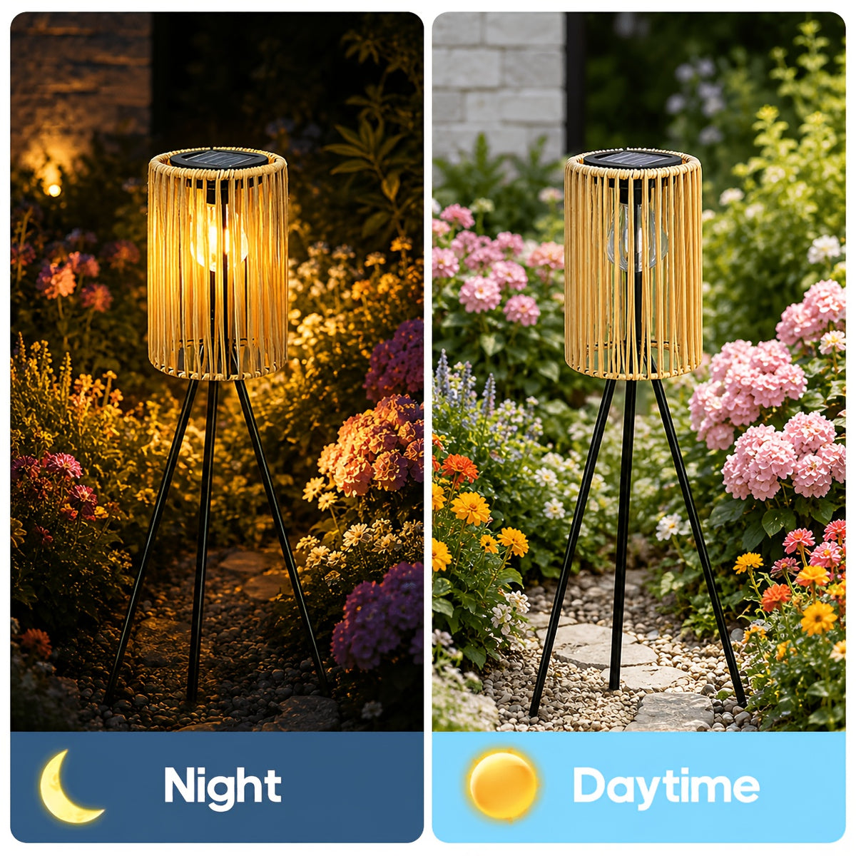 Lampadaire solaire d'extérieur sur trépied, lanterne tressée 78 cm