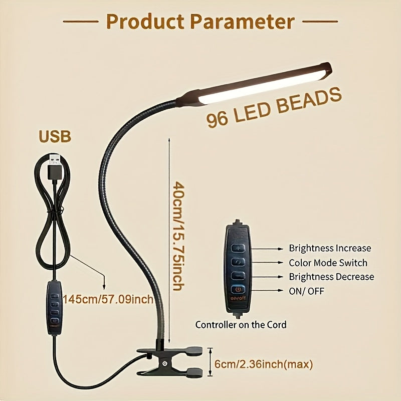 Lampe à pince 96 LED à col métallique de 40 cm, câble de 145 cm