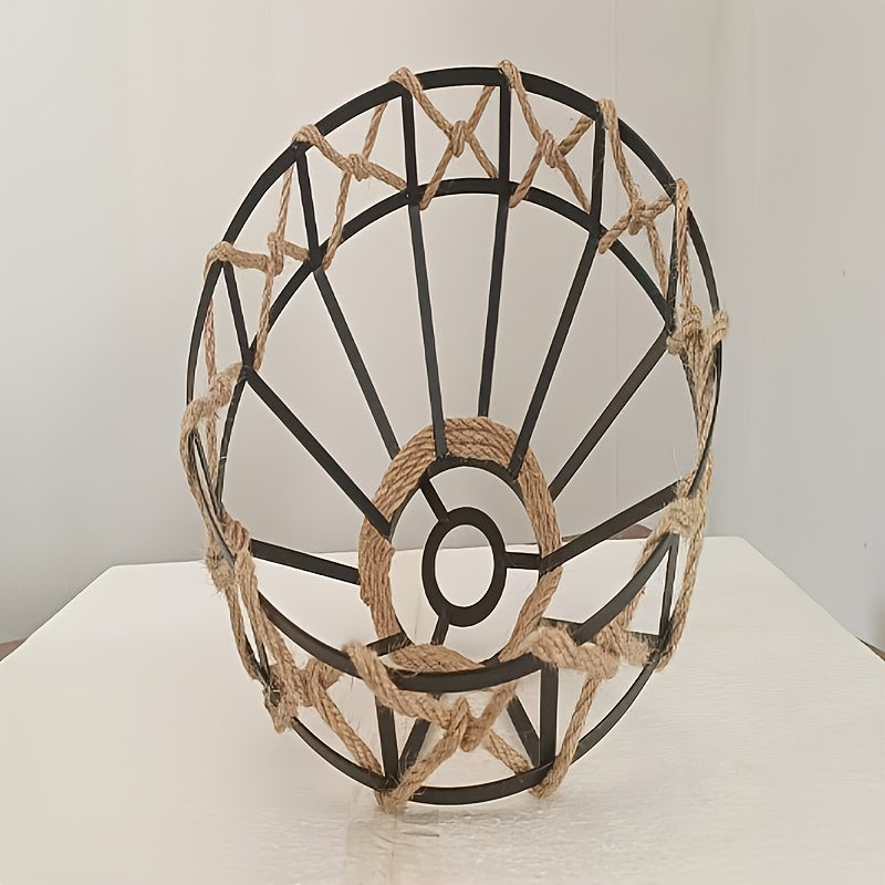 Abat-jour cage vintage en métal noir et corde de chanvre, Ø 30 cm