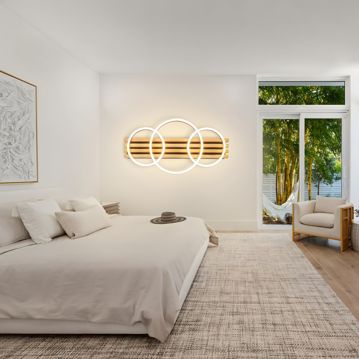 Plafonnier LED en bois à trois anneaux, 70 cm, avec télécommande