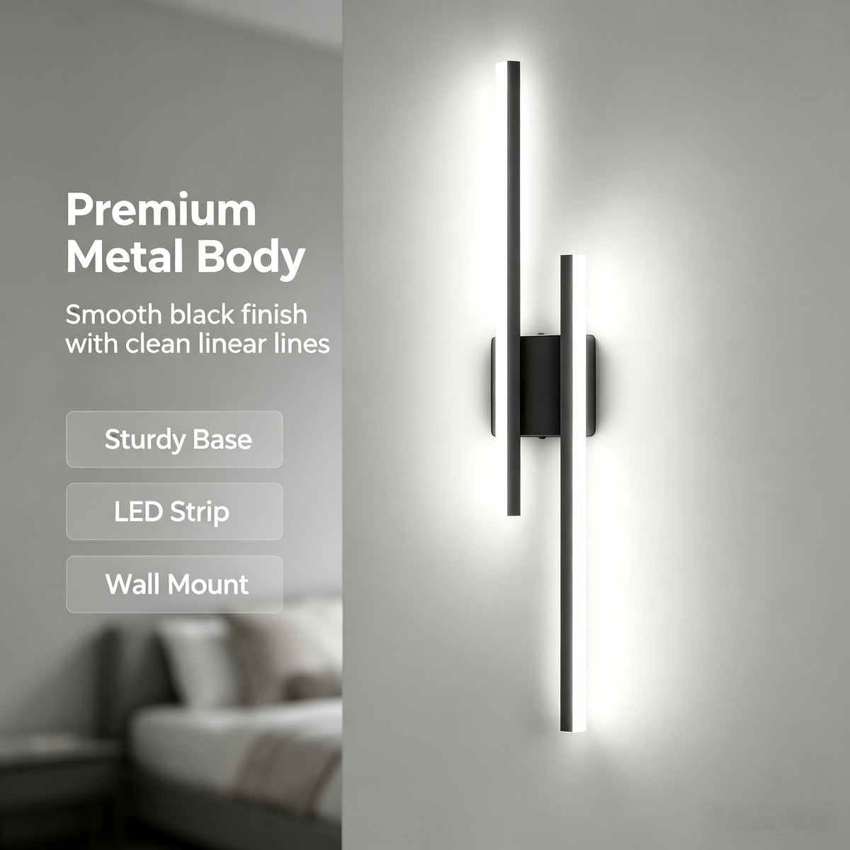 Applique murale LED double barre noire de 60 cm, blanc neutre