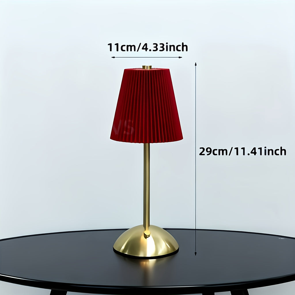 Lampe de chevet sans fil rouge, abat-jour plissé et pied doré