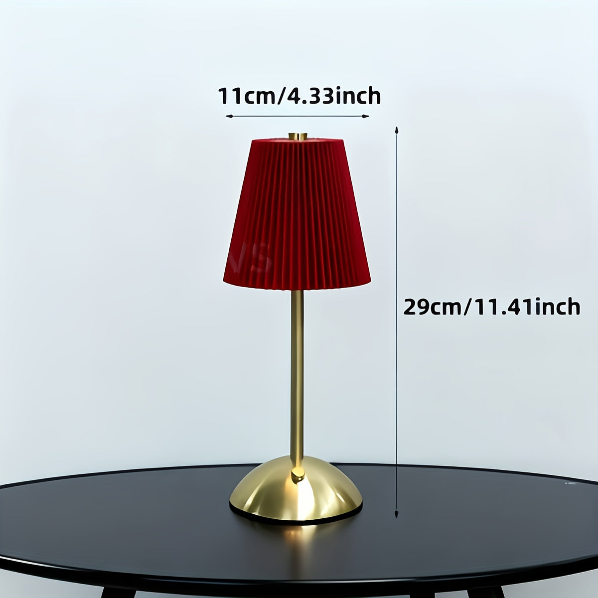Lampe de chevet sans fil rouge, abat-jour plissé et pied doré