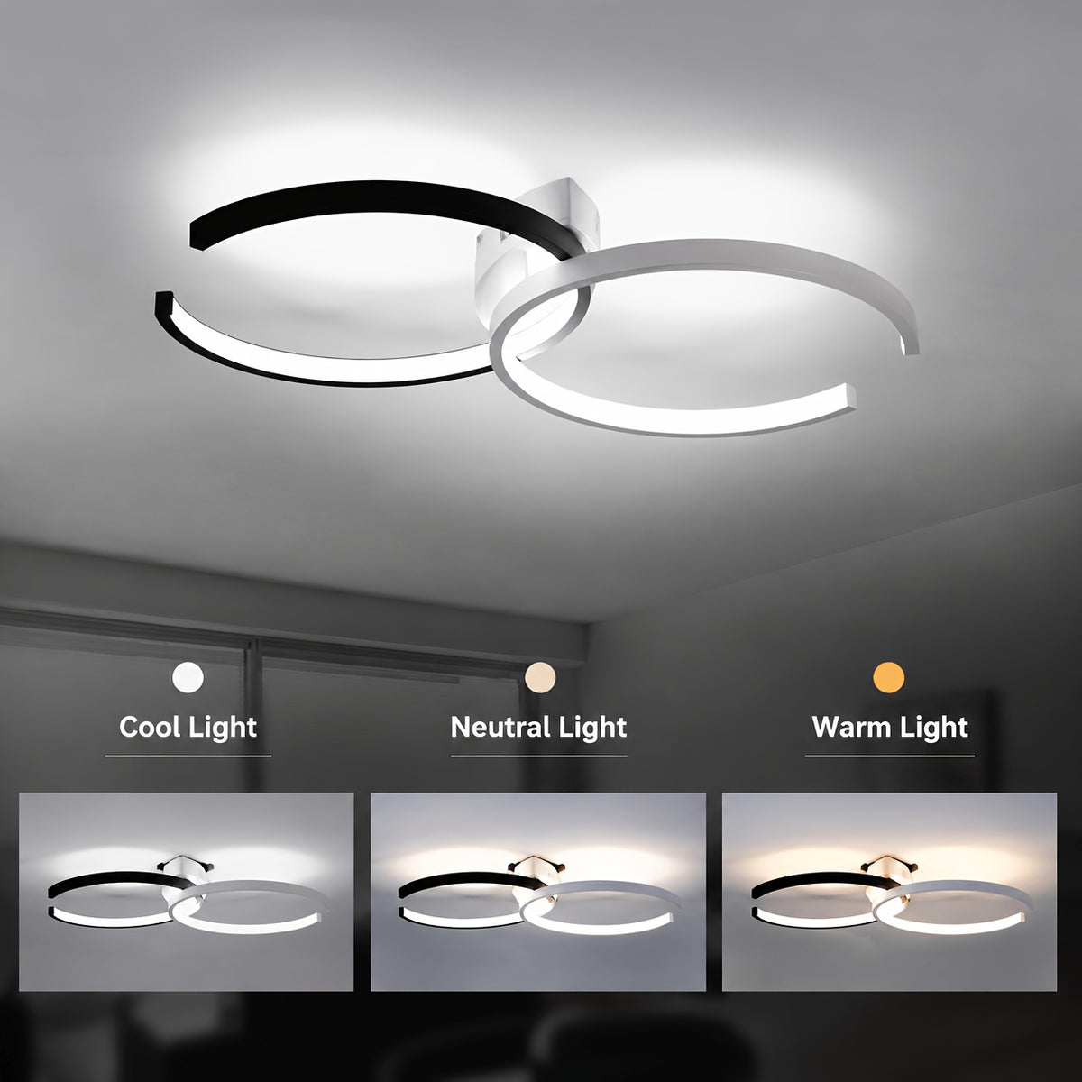 Plafonnier LED à deux arcs noir et blanc, 54 cm, trois teintes