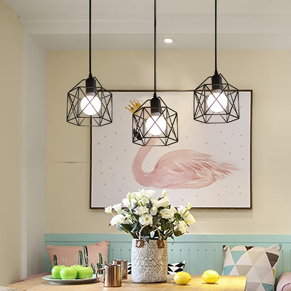 Suspension 3 cages noires sur barre de 50 cm, style industriel