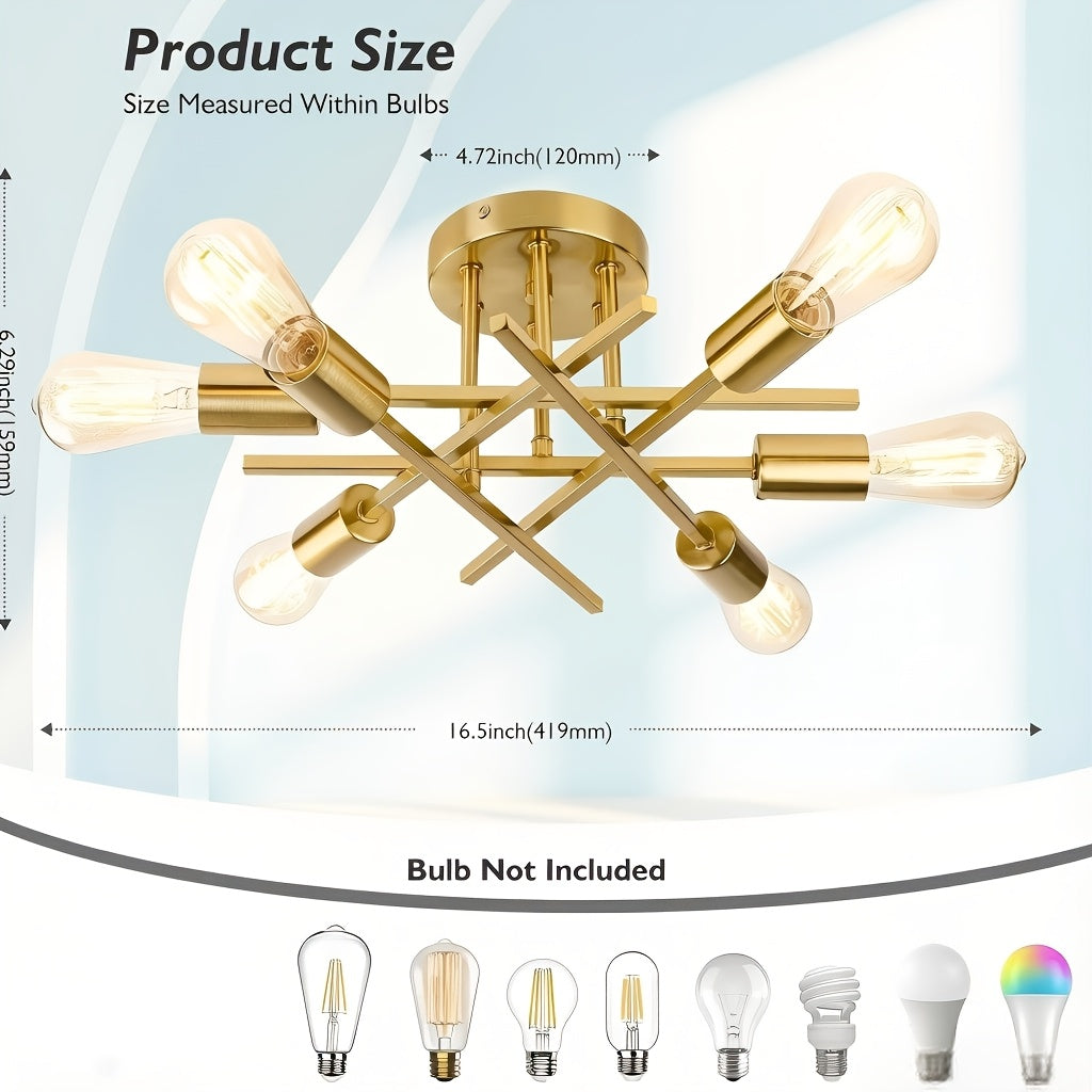 Plafonnier doré à 6 lumières sur tiges croisées, Ø 42 cm