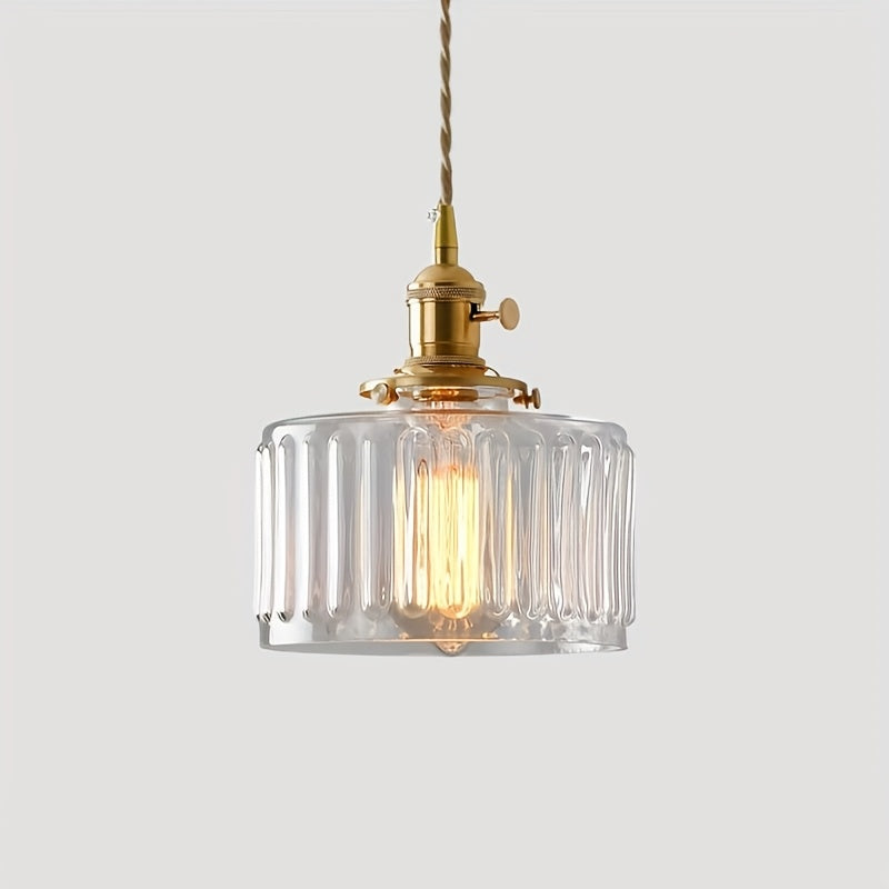 Suspension verre strié transparent et douille dorée, câble 150 cm