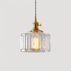 Suspension verre strié transparent et douille dorée, câble 150 cm