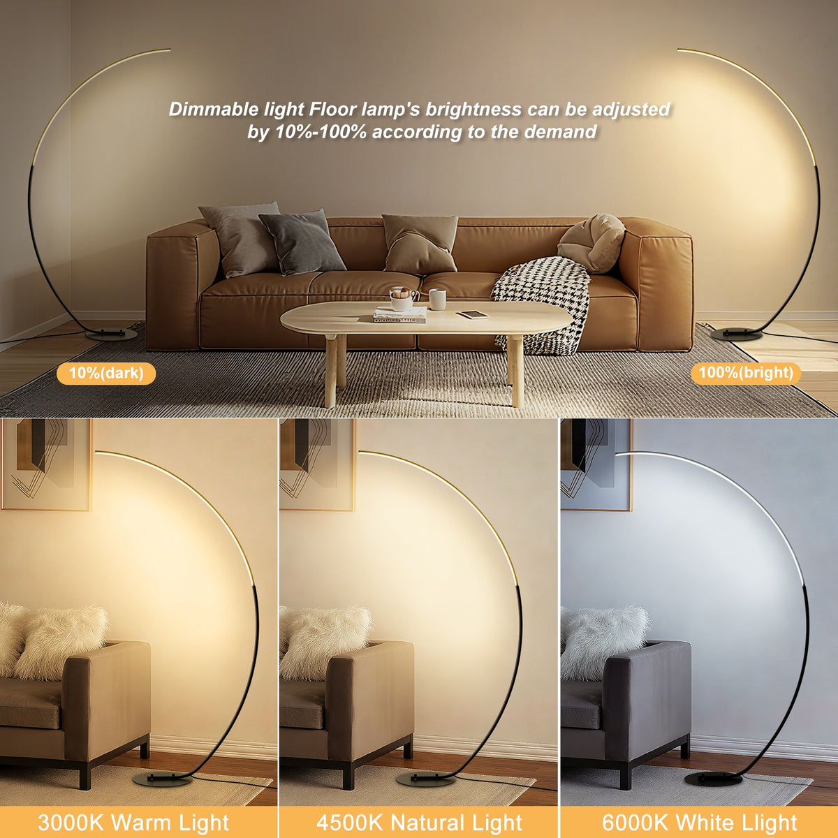 Lampadaire arc LED noir 180 cm, trois blancs et variateur