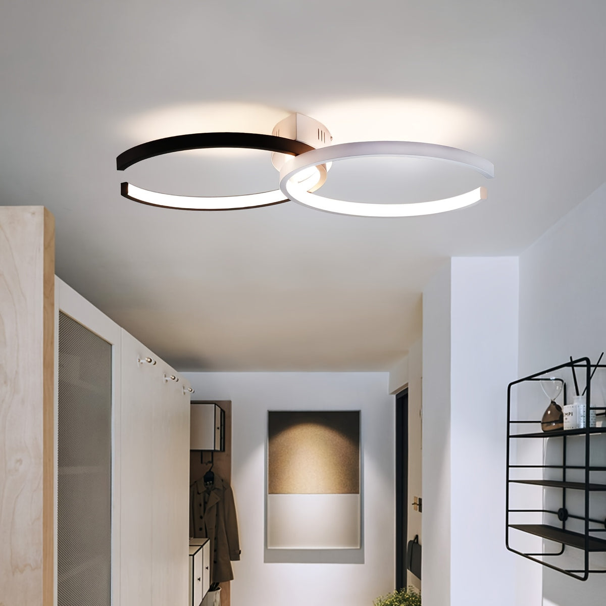 Plafonnier LED à deux arcs noir et blanc, 54 cm, trois teintes