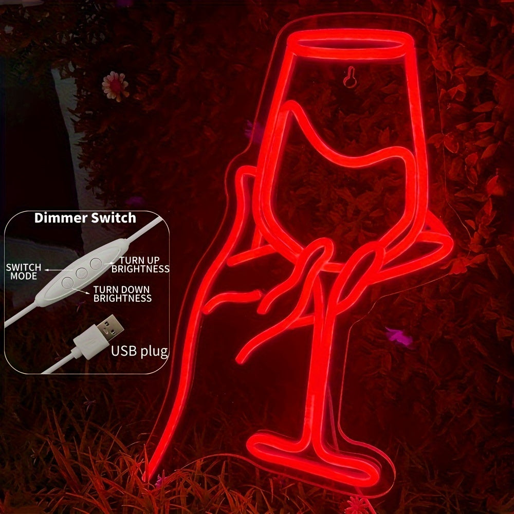 Néon LED main et verre de vin rouge avec variateur, 42 x 26 cm