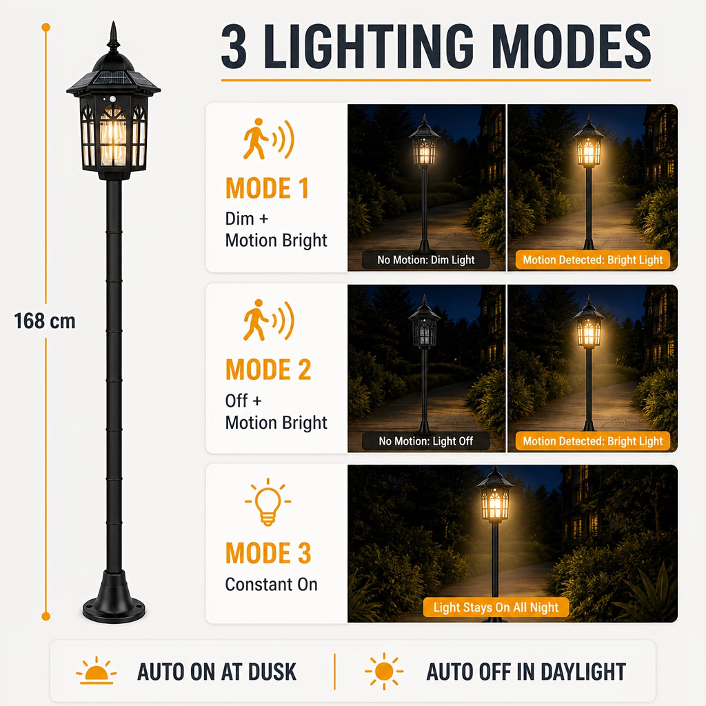 Lot de 2 lampadaires solaires 168 cm à détecteur, lanterne noire