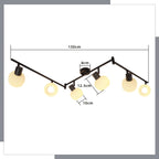Plafonnier 6 spots E14 en zigzag, globes en verre strié, 150 cm