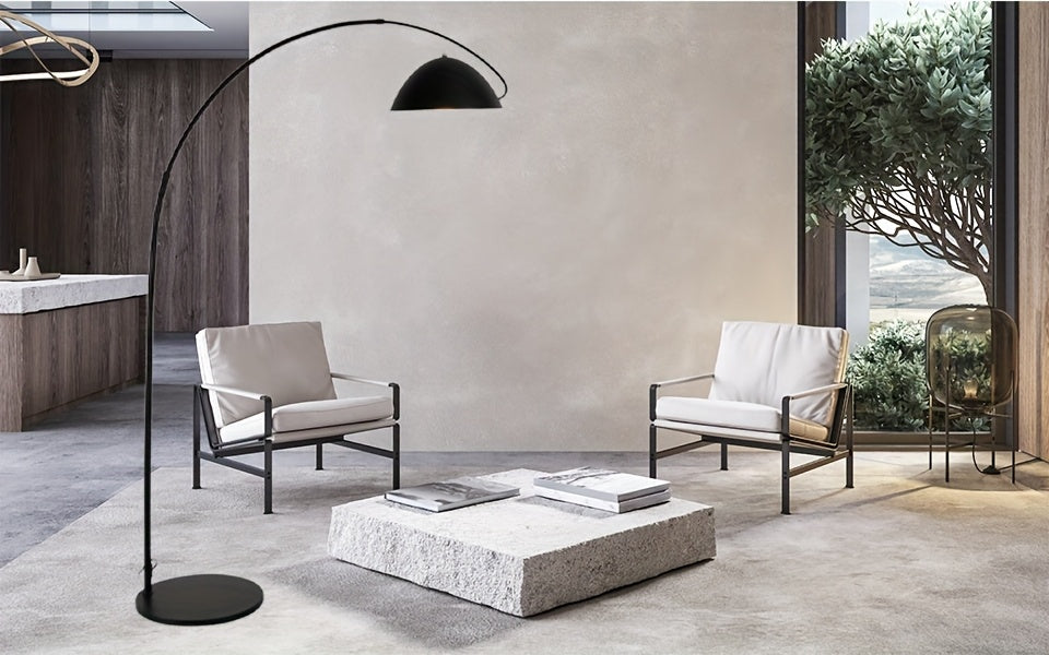 Lampadaire arc noir mat, dôme métal Ø 30 cm et portée réglable