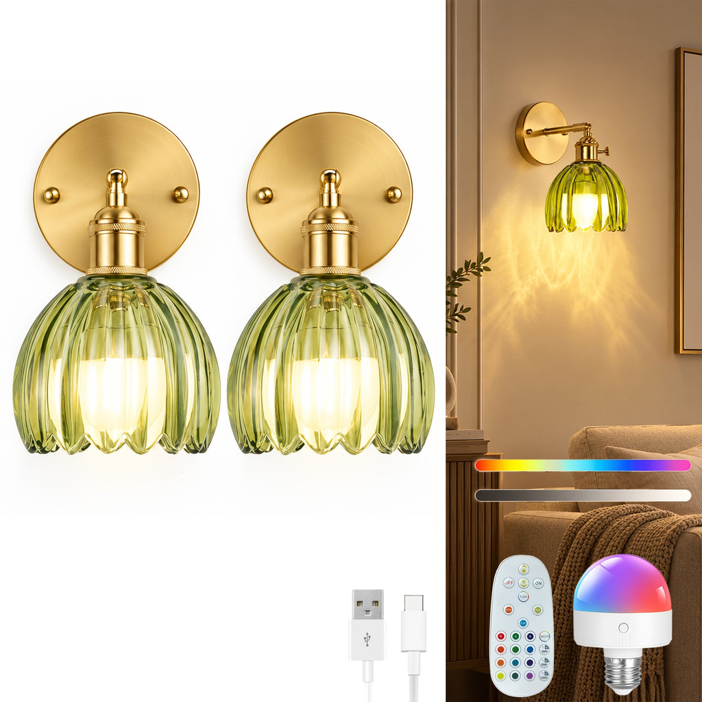 Applique murale sans fil rechargeable, tulipe de verre vert, RVB