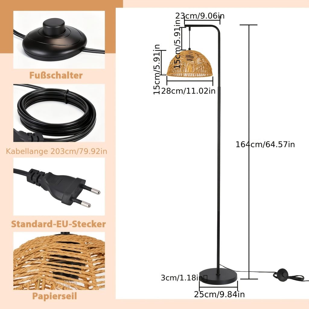 Lampadaire crosse noire et suspension tressée façon corbeille, 164 cm