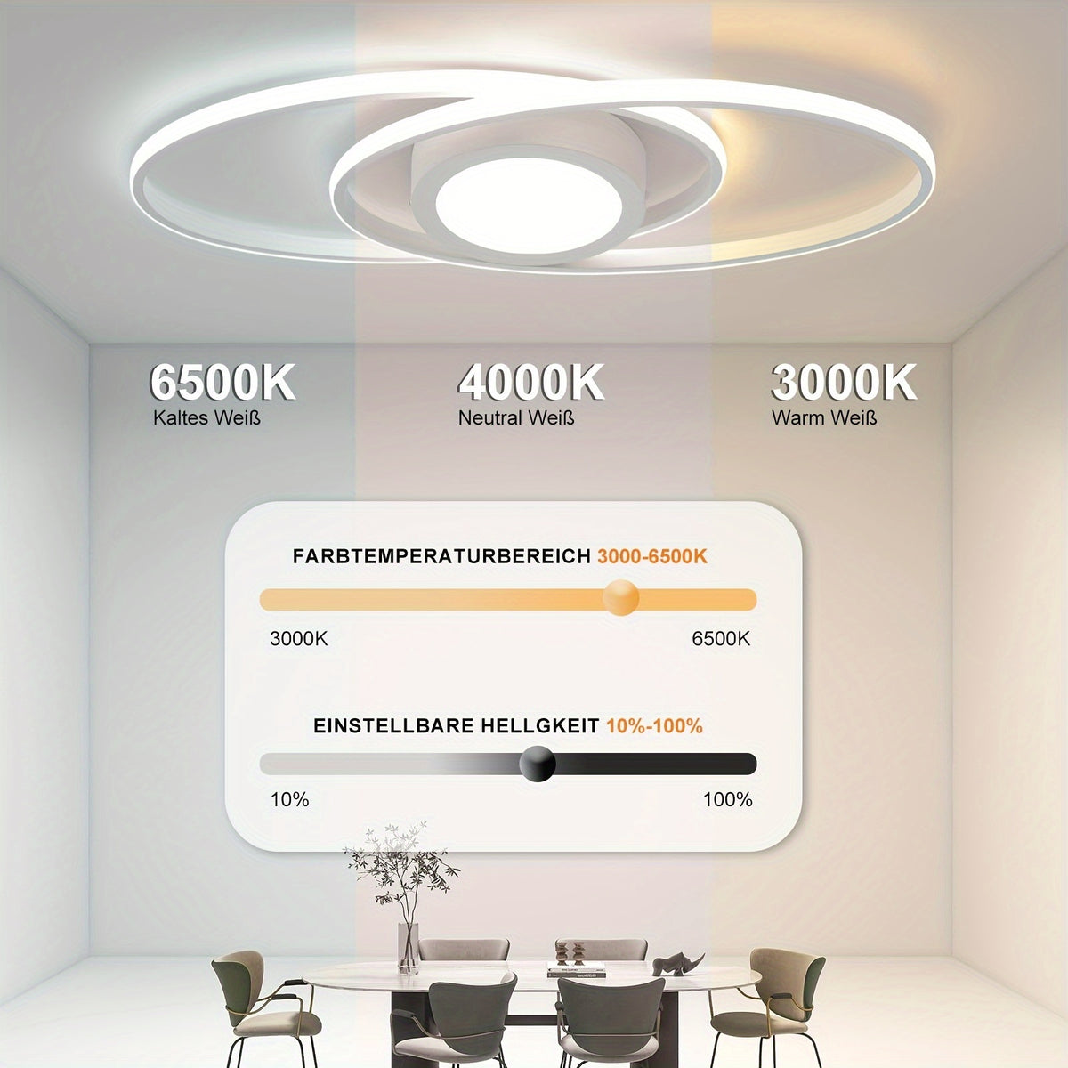 Plafonnier LED noir ovale ou carré à anneaux, avec télécommande