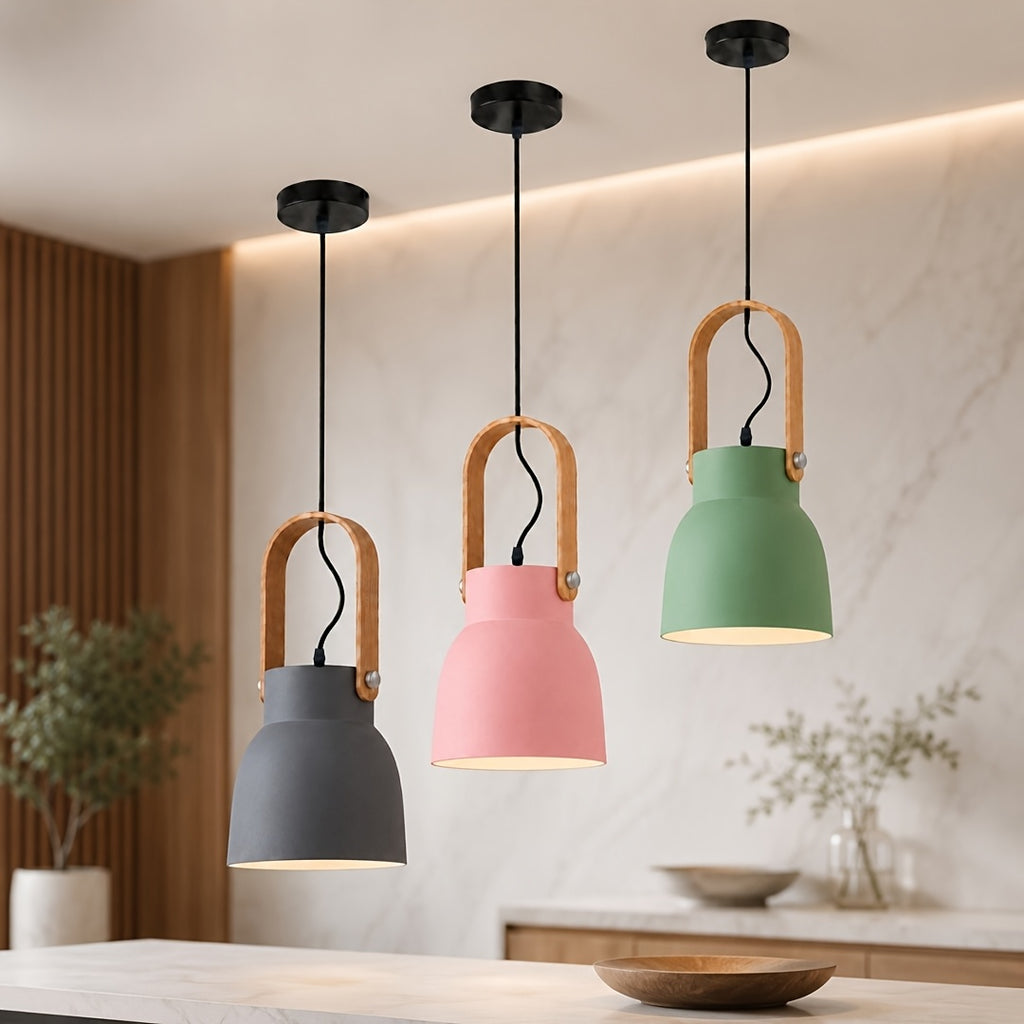 Suspension cloche vert sauge, gris ou rose, anse effet bois