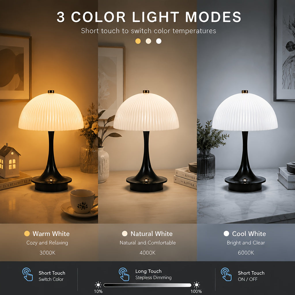 Lampe champignon sans fil à dôme nervuré, pied noir, blanc ou orange