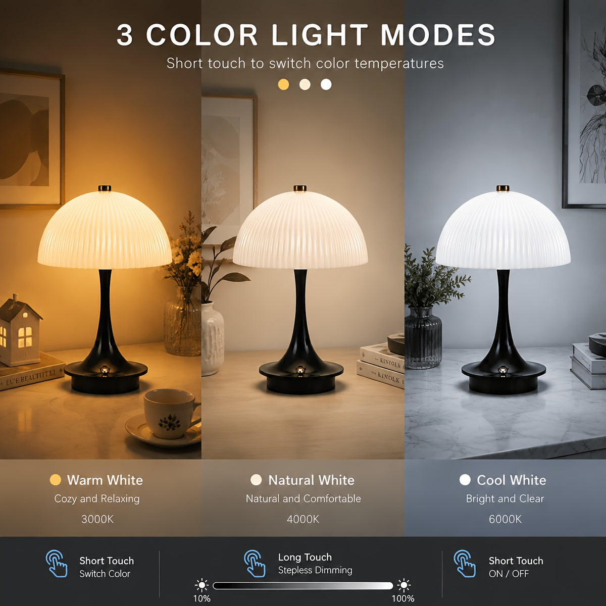 Lampe champignon sans fil à dôme nervuré, pied noir, blanc ou orange