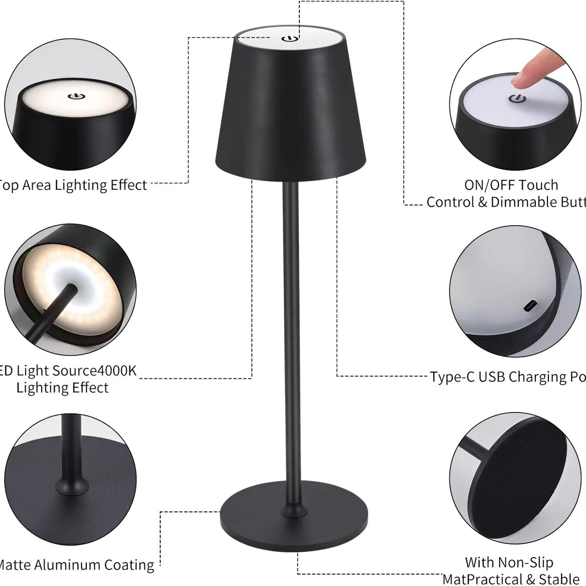 Lampe sans fil en aluminium mat à tige raccourcissable, 38 cm