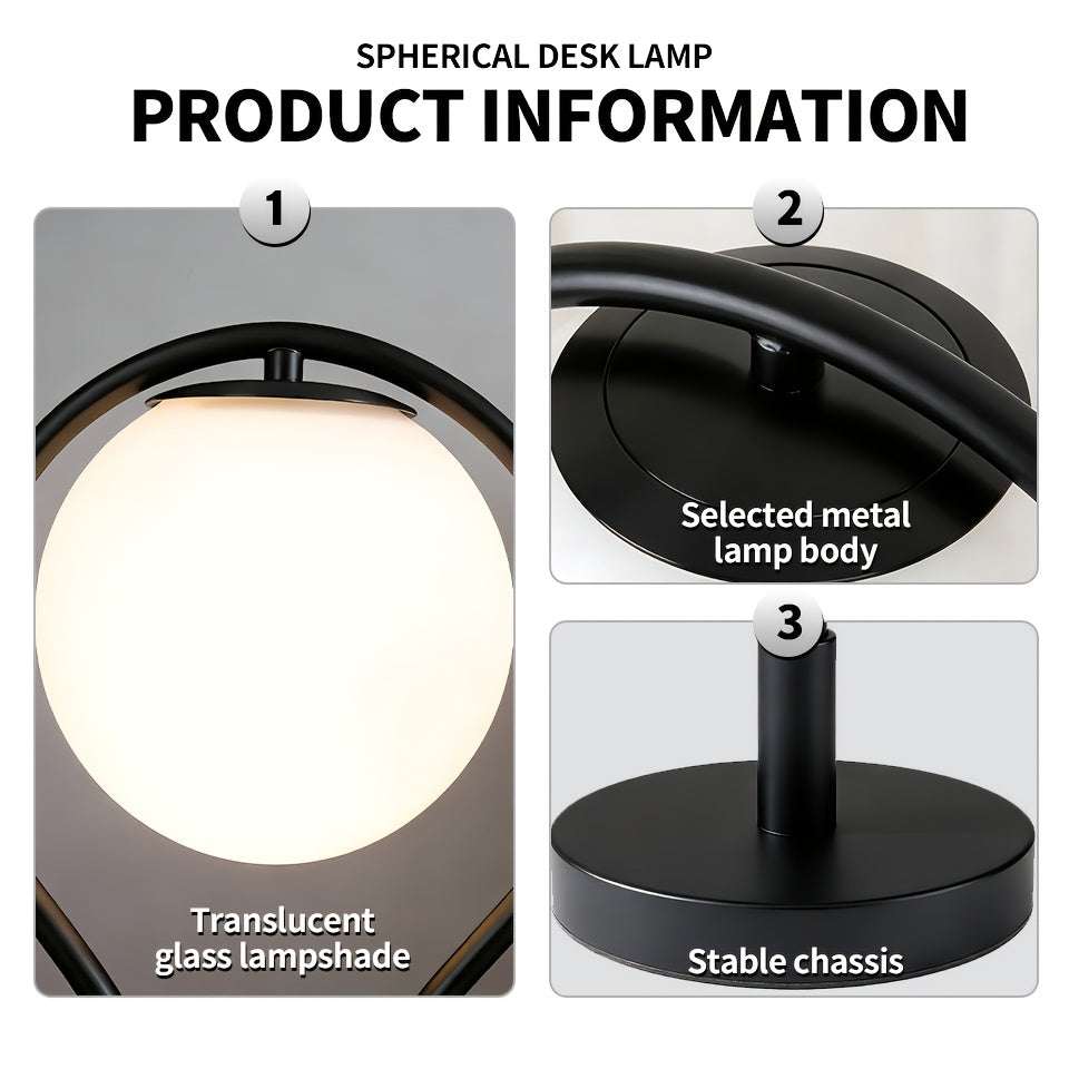Lampe de chevet noire, globe en verre opalin dans un arceau