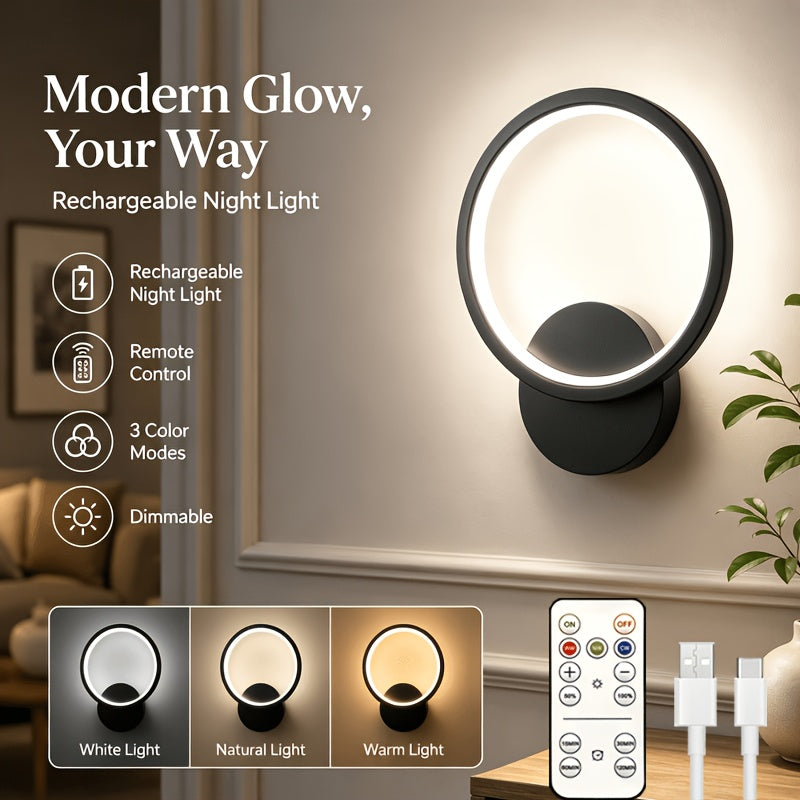 Applique murale LED anneau noir rechargeable, avec télécommande