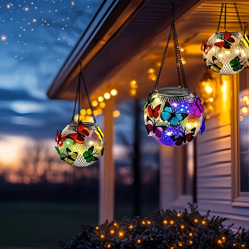 Suspension solaire boule grillagée aux papillons colorés, IP44