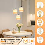 Suspension 3 lumières en tissu blanc à bande beige, rosace ou barre