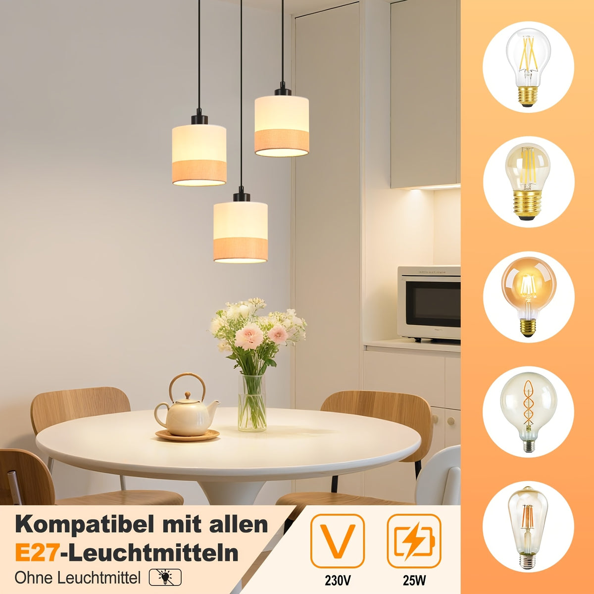 Suspension 3 lumières en tissu blanc à bande beige, rosace ou barre
