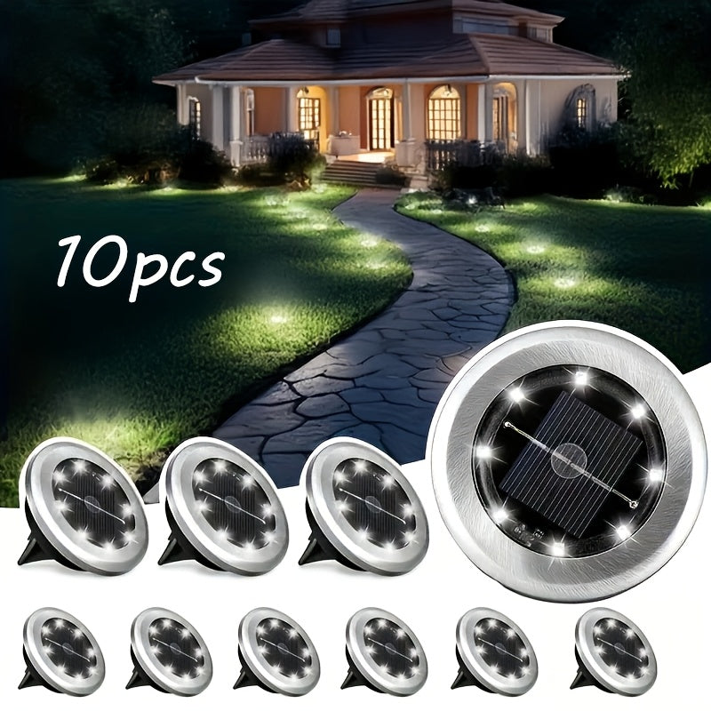 Spot solaire à enterrer finition inox, 8 LED, Ø 7,2 cm, lot de 10
