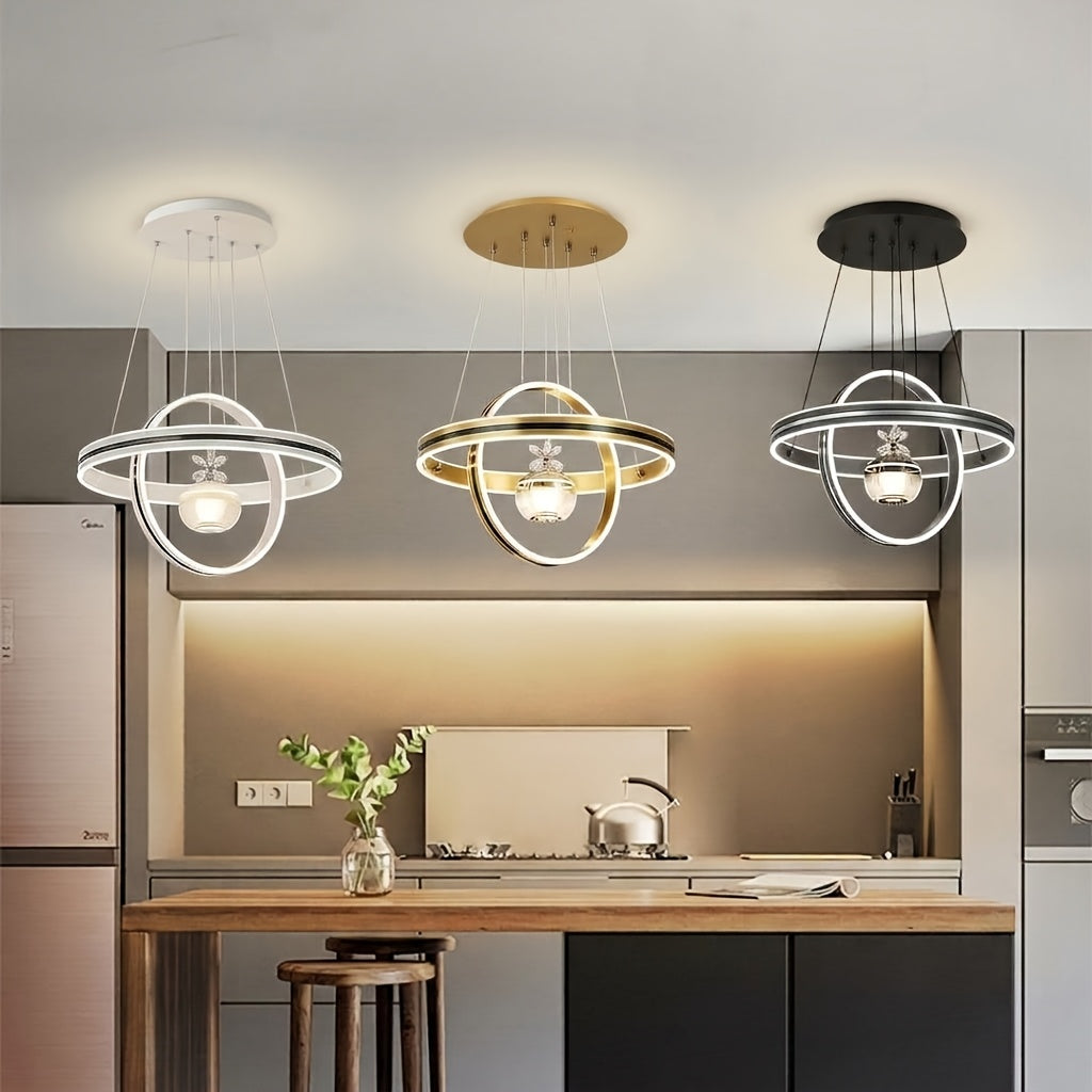 Lustre LED à deux anneaux croisés et globe fleuri, Ø 45 cm
