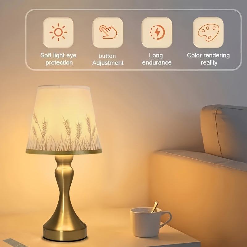 Lampe de chevet pied doré galbé, abat-jour imprimé épis de blé