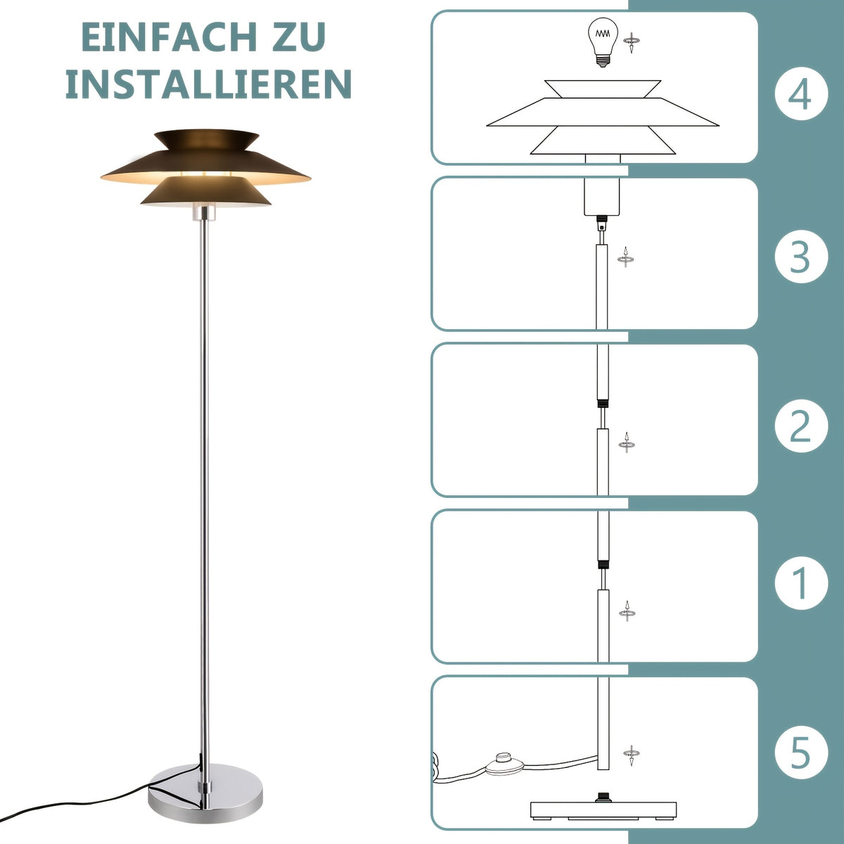 Lampadaire design à abat-jour superposé noir et pied chromé, 145 cm