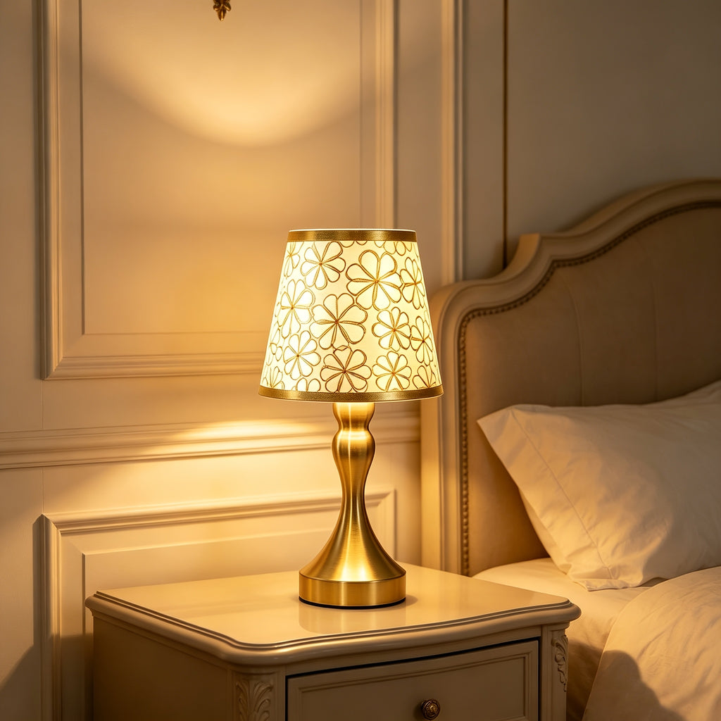 Lampe de chevet dorée à abat-jour fleuri en tissu, alimentation USB