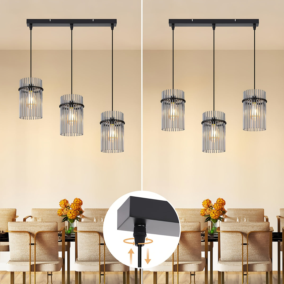 Suspension 3 lampes à baguettes de verre fumé, rosace ou barre
