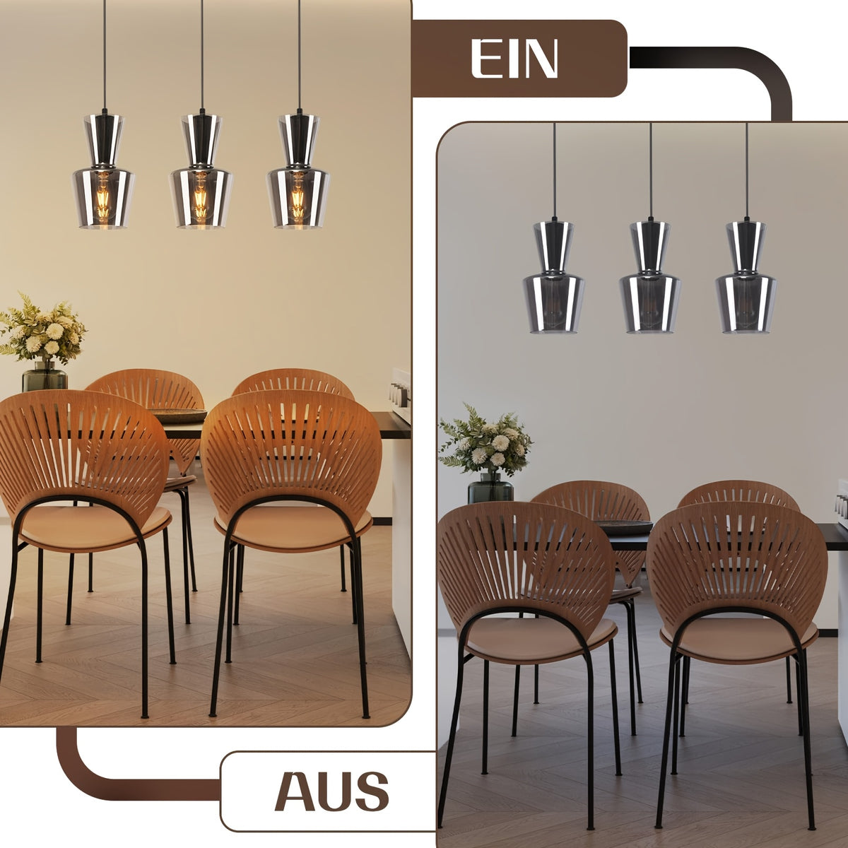 Suspension 3 tulipes en verre gris fumé, câbles jusqu'à 150 cm