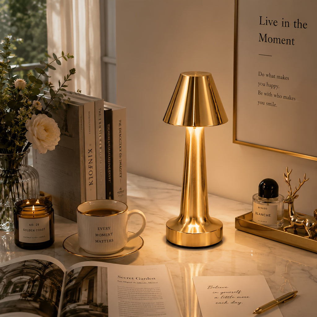 Petite lampe sans fil à chapeau conique en métal doré, 20,5 cm