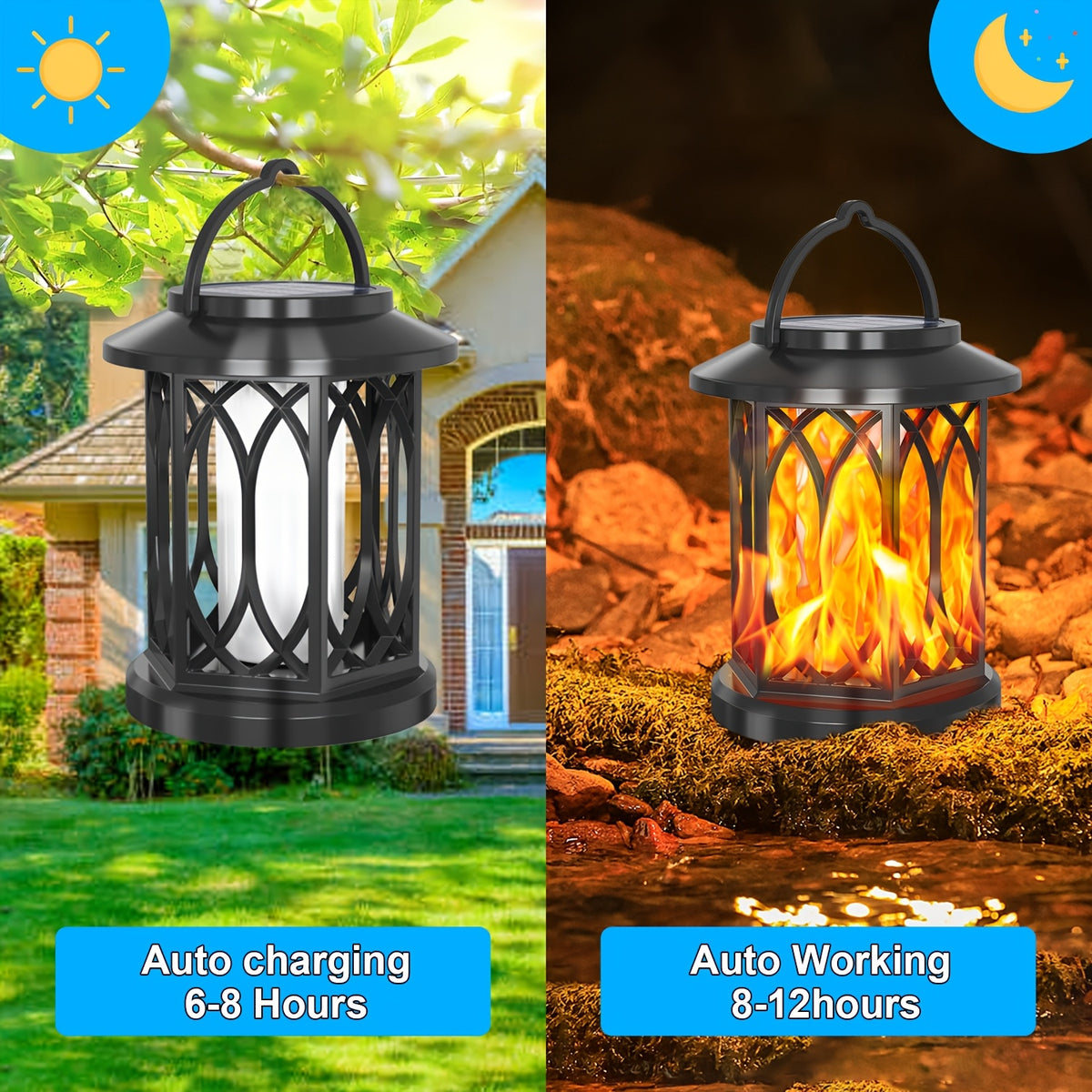 Lanterne solaire noire à effet flamme et pince d'accroche, IP65
