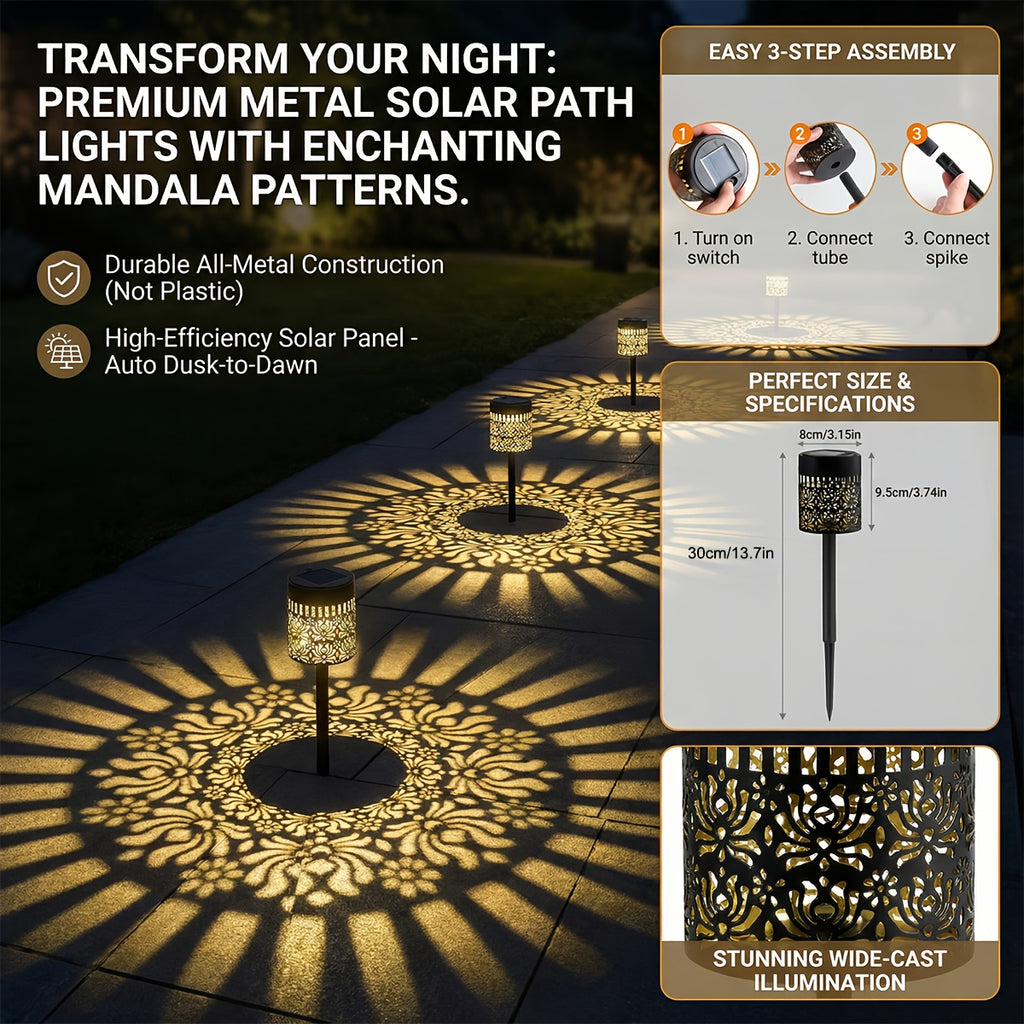Lampe solaire en métal ajouré à motifs mandala, IP65, lot de 4