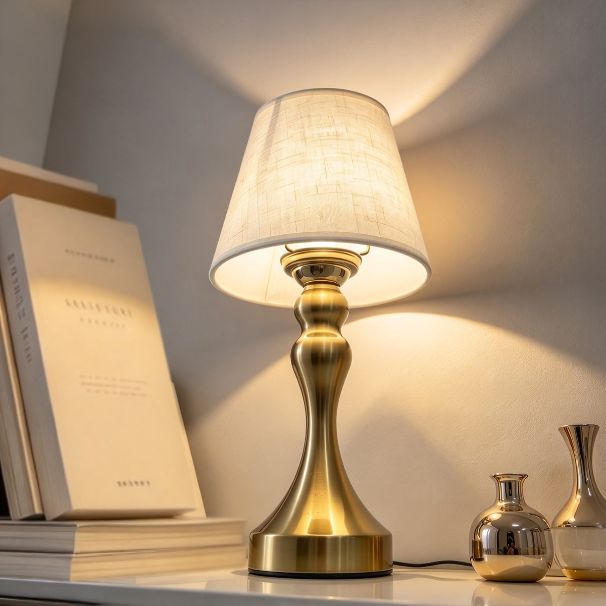 Lampe de chevet USB à pied balustre doré et abat-jour en tissu