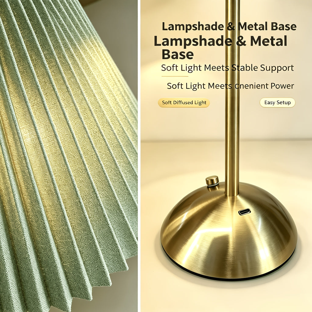 Lot de 2 lampes sans fil à abat-jour plissé vert, socle doré
