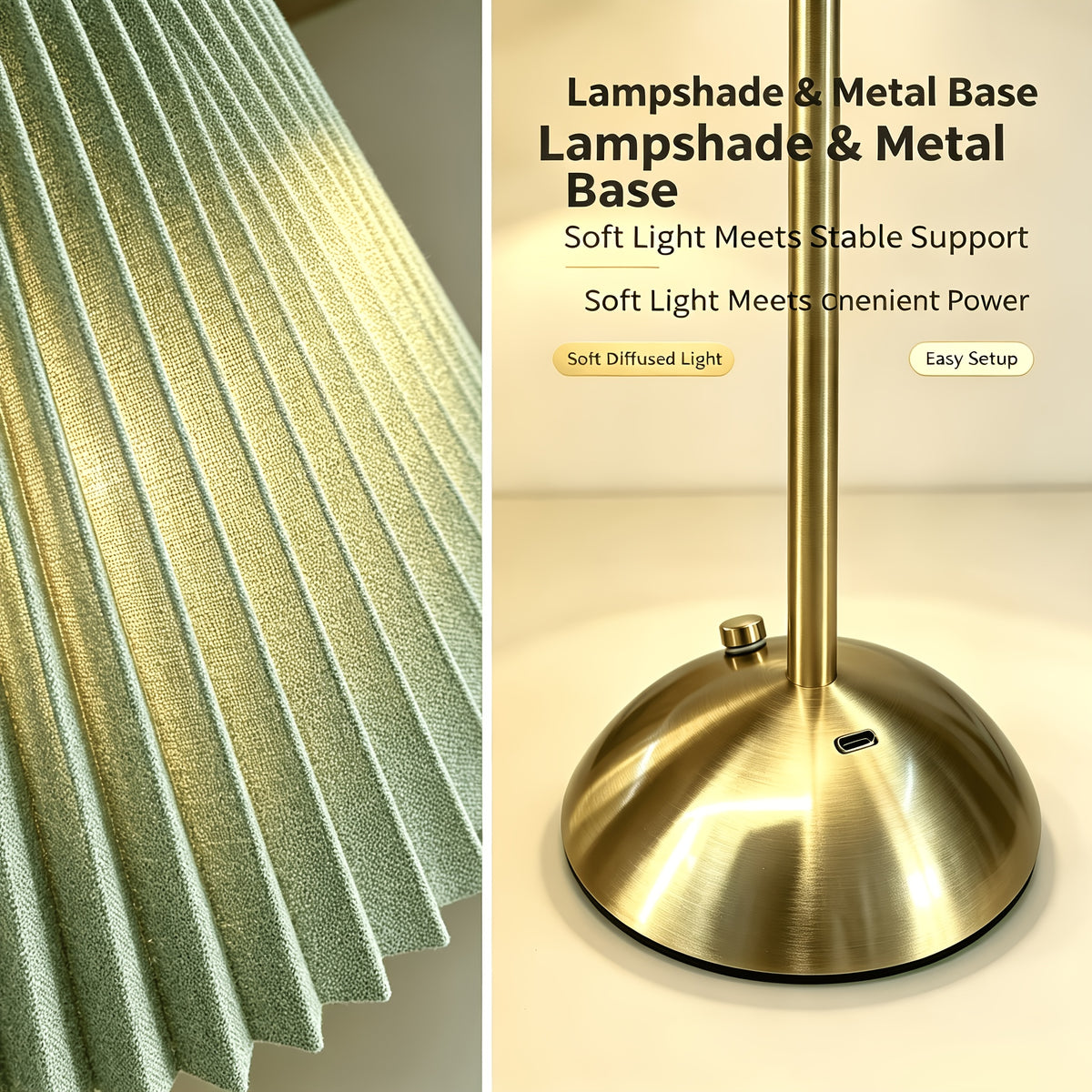 Lot de 2 lampes sans fil à abat-jour plissé vert, socle doré